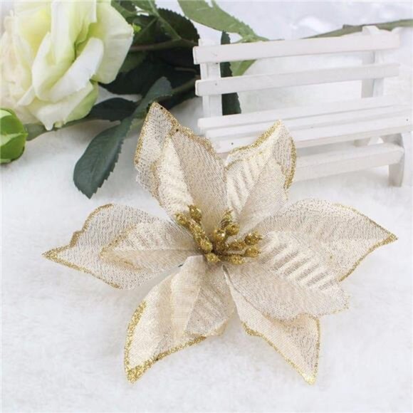 12pcs Glitter Poinsettia Christmas Tree Ornament Artificial Christmas Flowers - Picture 2 of 6